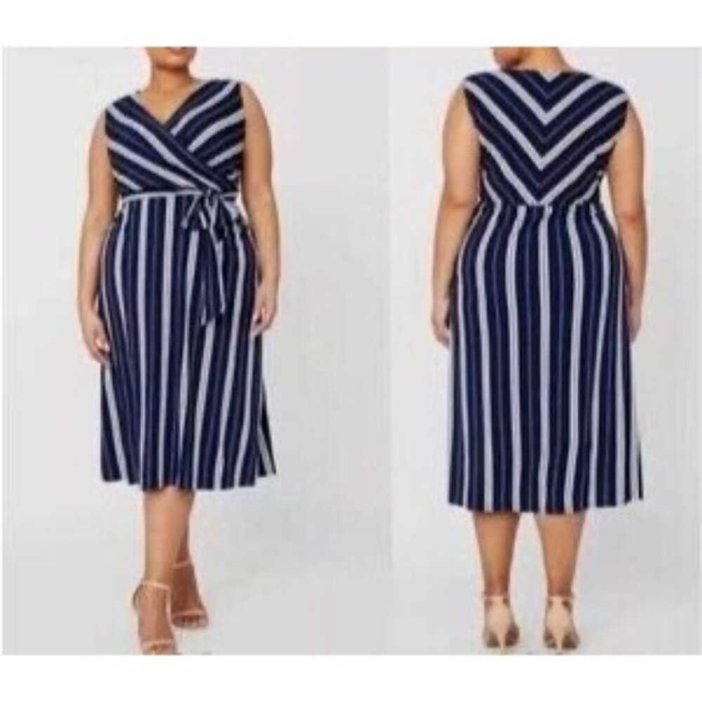 Catherines Navy and White Striped Midi Wrap Dress